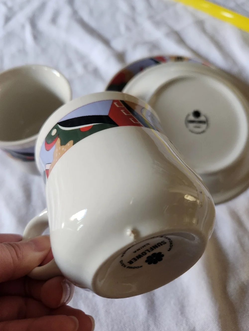Vintage SUNFLOWER Abstract Espresso Cups Saucer Geometric Sun Print Celestial